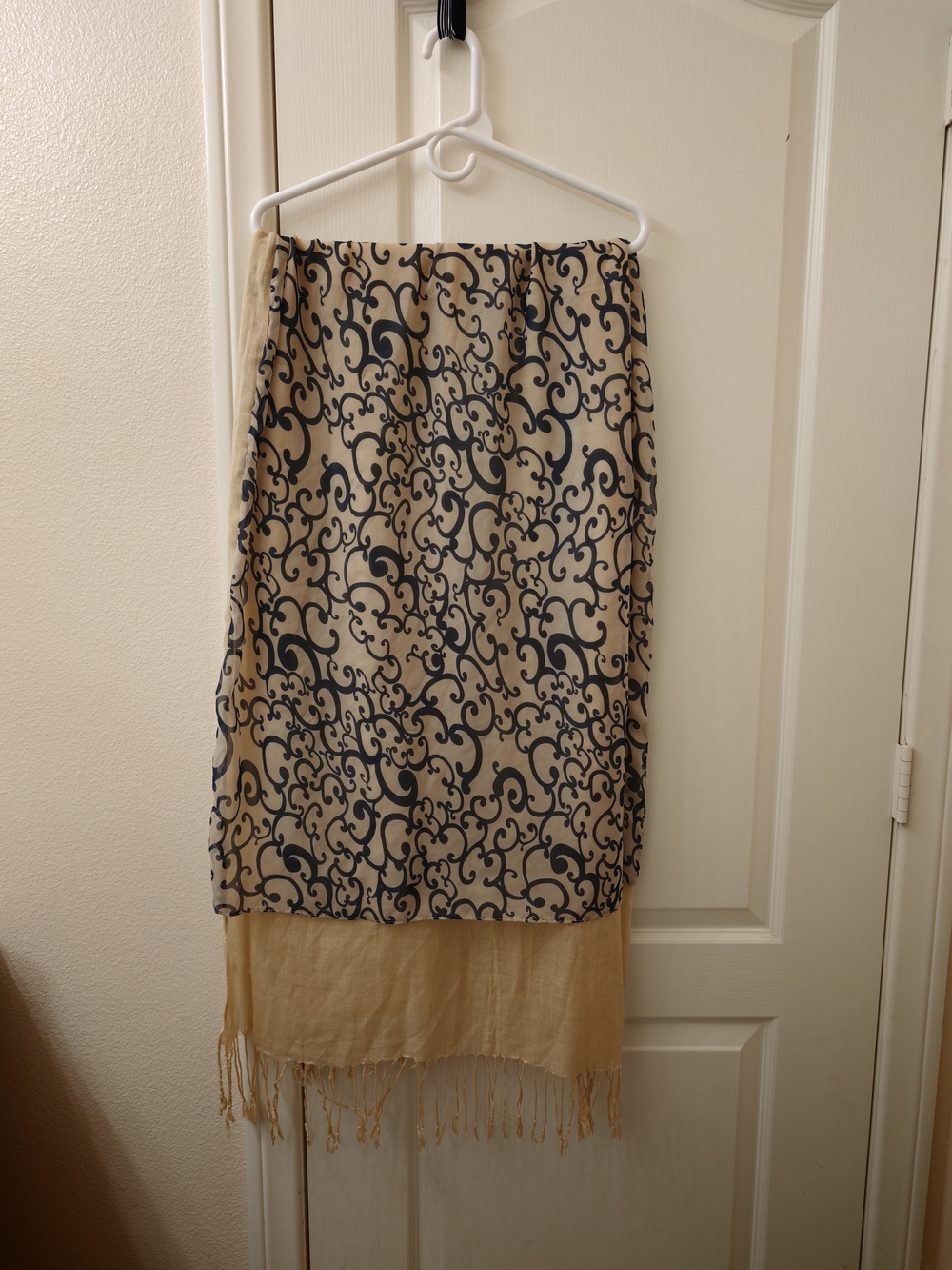 Beige and Navy Printed Fringe Hem Midi Skirt